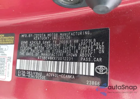 2007 Toyota Camry Le из США, поврежденный, VIN 4T1BE46KX7U012231